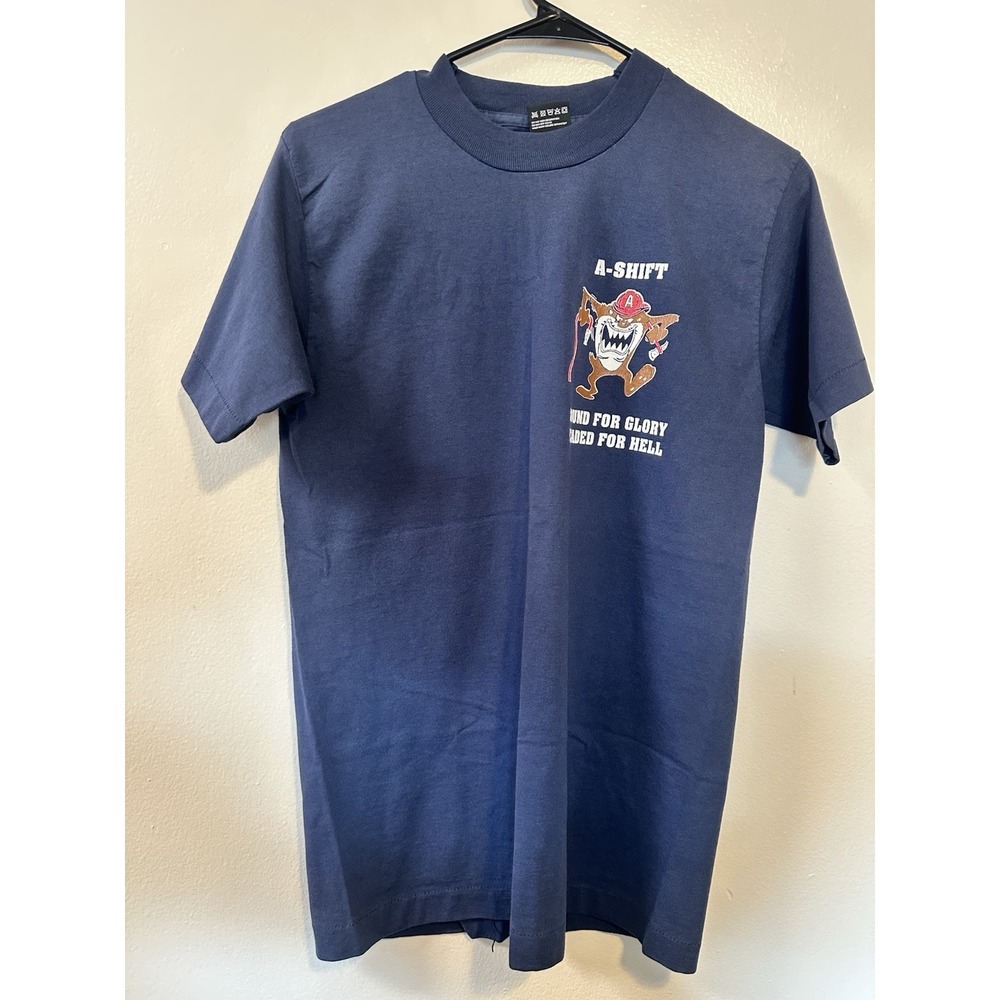 Vintage 90s Fruit of the Loom Taz A-Shift Bound for Glory Navy Blue T-Shirt Sz M